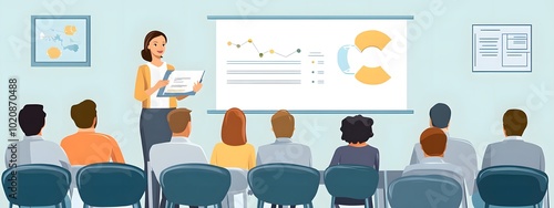 Illustration of woman giving presentation to team, whiteboard with flowgenera on it in background, flat design style,