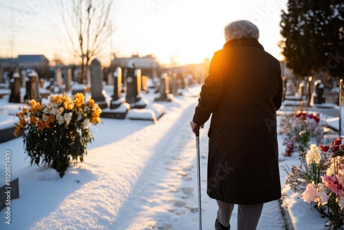 An elderly man walks thoughtfully through a snowy cemetery at sunset, pondering life and legacy while surrounded by serene nature and the resting place of ancestors. photo