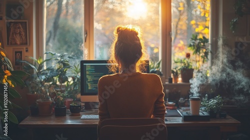 Person working at a computer surrounded by plants and sunlight.