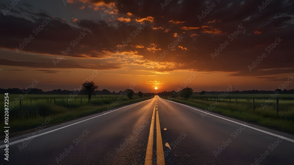Lonely Road Peaceful Street straight Highway route Sunset Lonely Road Peaceful Street straight Highway route Sunset