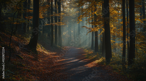 Harmonic autumn scenery in a colorful beech forest, with a footpath and a beam of soft light in tranquil misty atmosphere