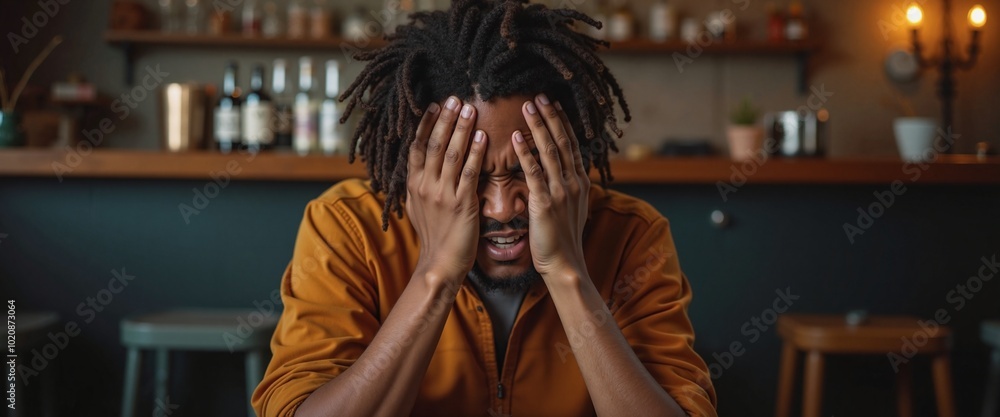 Man with dreadlocks distressed covering face in bar setting Man with dreadlocks distressed covering face in bar setting