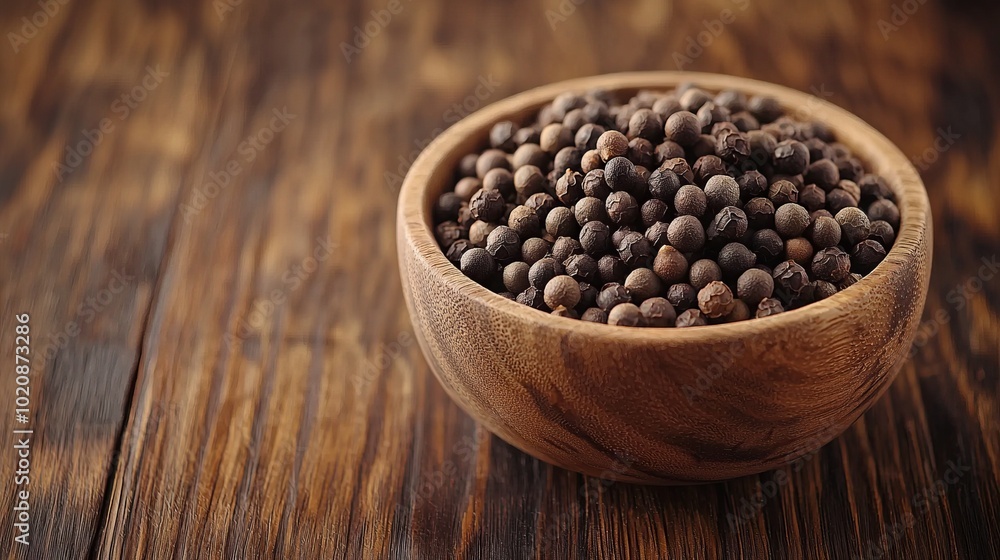 A bowl of black peppercorns on a rustic wooden table A bowl of black peppercorns on a rustic wooden table