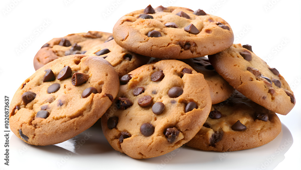 Appetizing chocolate chip cookies displayed on a white background, perfect for dessert-themed content, recipe sites, or snack-related advertising. Appetizing chocolate chip cookies displayed on a white background, perfect for dessert-themed content, recipe sites, or snack-related advertising.