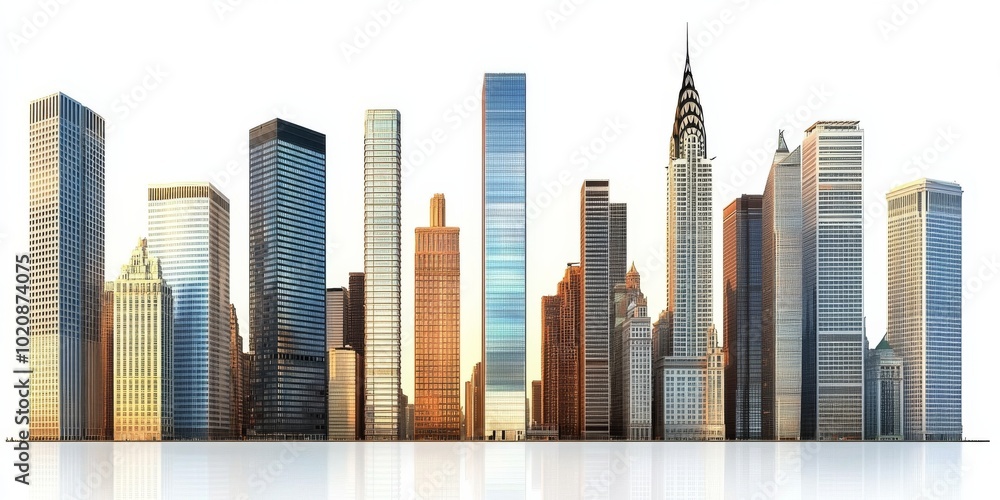Fototapeta premium collection of towering skyscrapers with reflective windows, isolated on white, showcasing various heights and styles, ideal for corporate branding, construction projects, or business district visuals