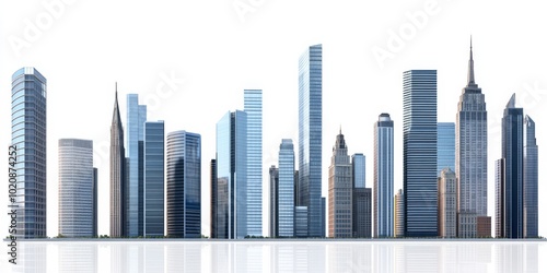 collection of towering skyscrapers with reflective windows, isolated on white, showcasing various heights and styles, ideal for corporate branding, construction projects, or business district visuals