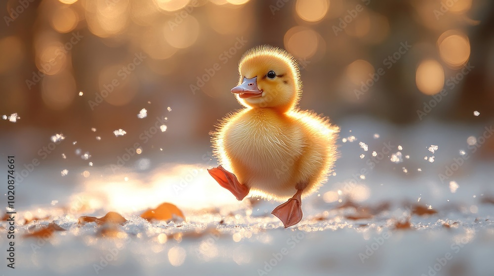 A fluffy duckling joyfully running through a snowy landscape. A fluffy duckling joyfully running through a snowy landscape.