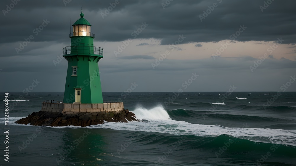 Obraz premium Green Lighthouse Tower Marine Coast Coastline near the Water