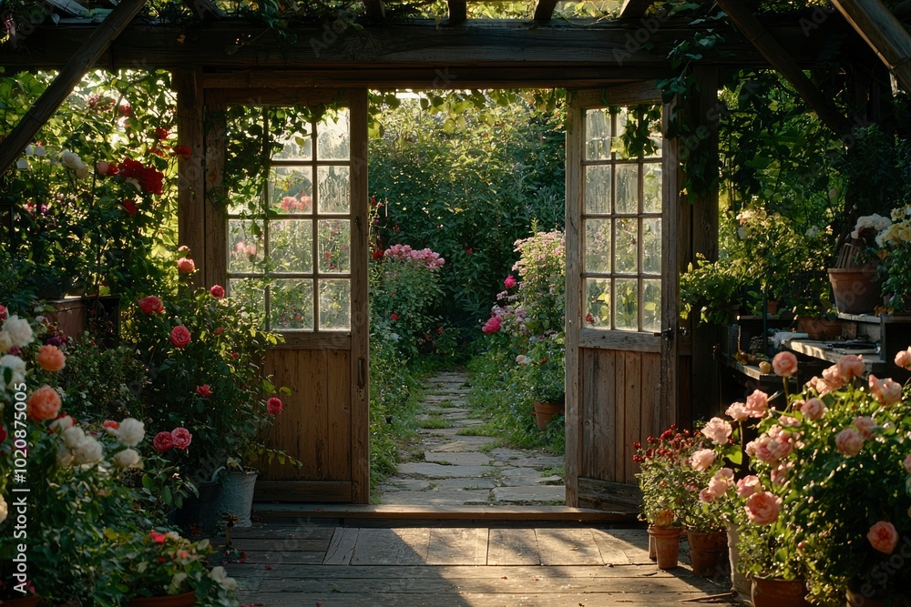 Naklejka premium Wooden Doorway Opening to a Stone Path and Rose Garden