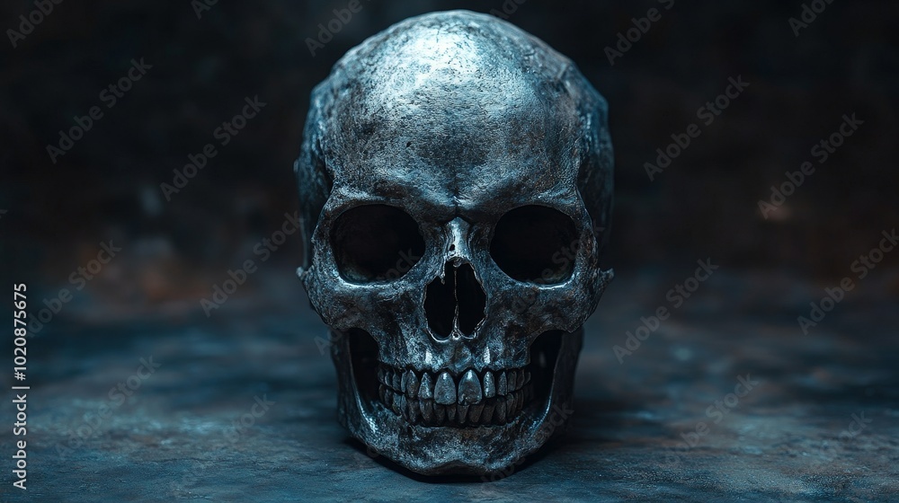 A skull with a silver face is shown in a dark background A skull with a silver face is shown in a dark background