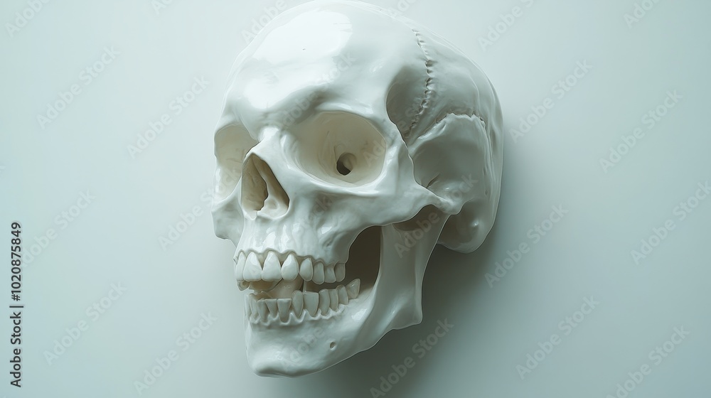 A white skull is displayed on a white background A white skull is displayed on a white background