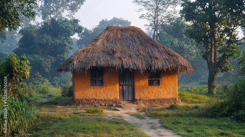 Fototapeta premium Traditional African hut made of clay and straw in a rural area