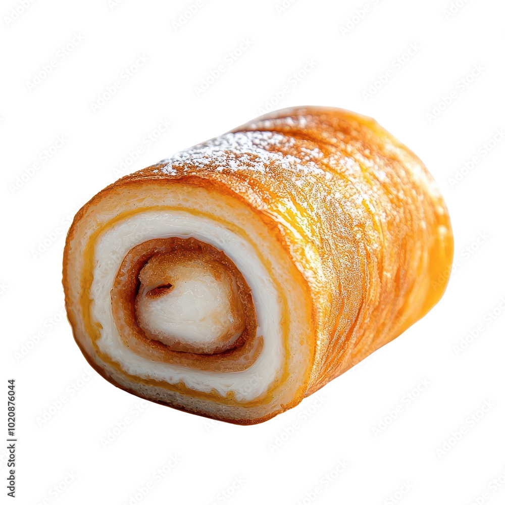 Fototapeta premium A golden-brown rolled dessert with a spiral appearance, lightly dusted with powdered sugar, showcasing layers of soft cake and creamy filling.
