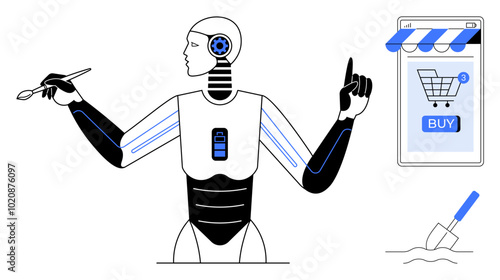 AI robot holding stylus and interacting with e-commerce interface while construction tool rests nearby Ideal for themes artificial intelligence, e-commerce, technology, automation, modern design
