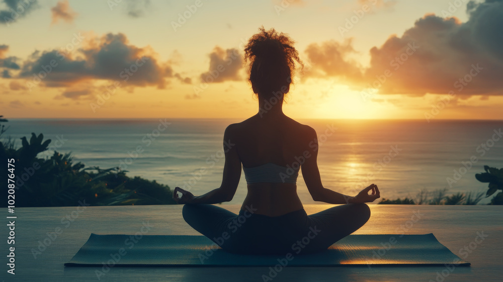 A woman practicing meditation while facing the ocean during sunset, captured with soft lighting to emphasize calmness and tranquility. A woman practicing meditation while facing the ocean during sunset, captured with soft lighting to emphasize calmness and tranquility.