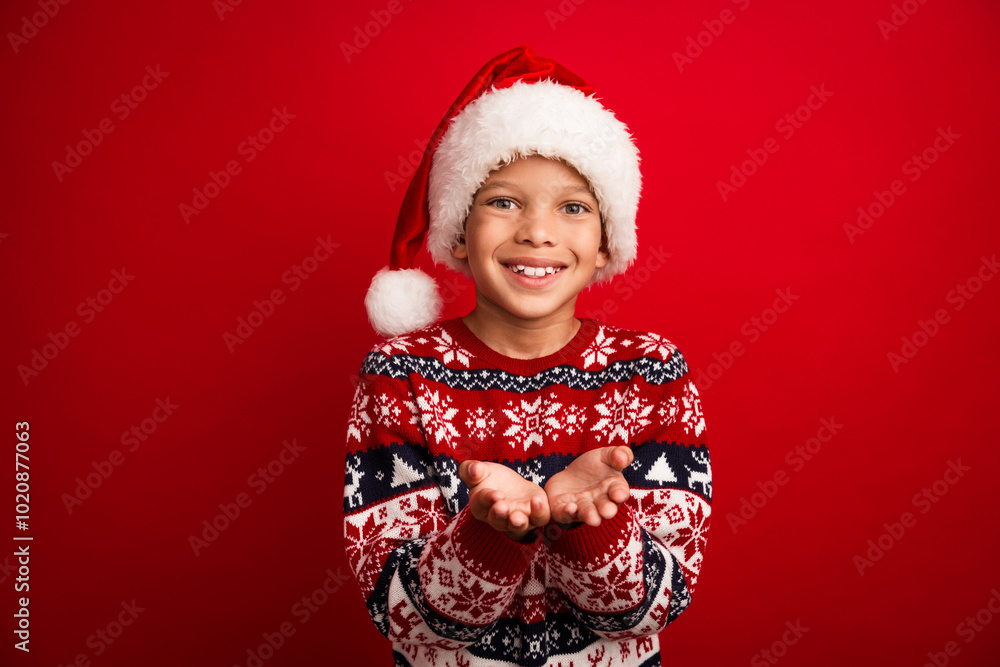 Photo portrait of cute little boy hold empty space celebrate new year wear knitted outfit isolated on red color background Photo portrait of cute little boy hold empty space celebrate new year wear knitted outfit isolated on red color background