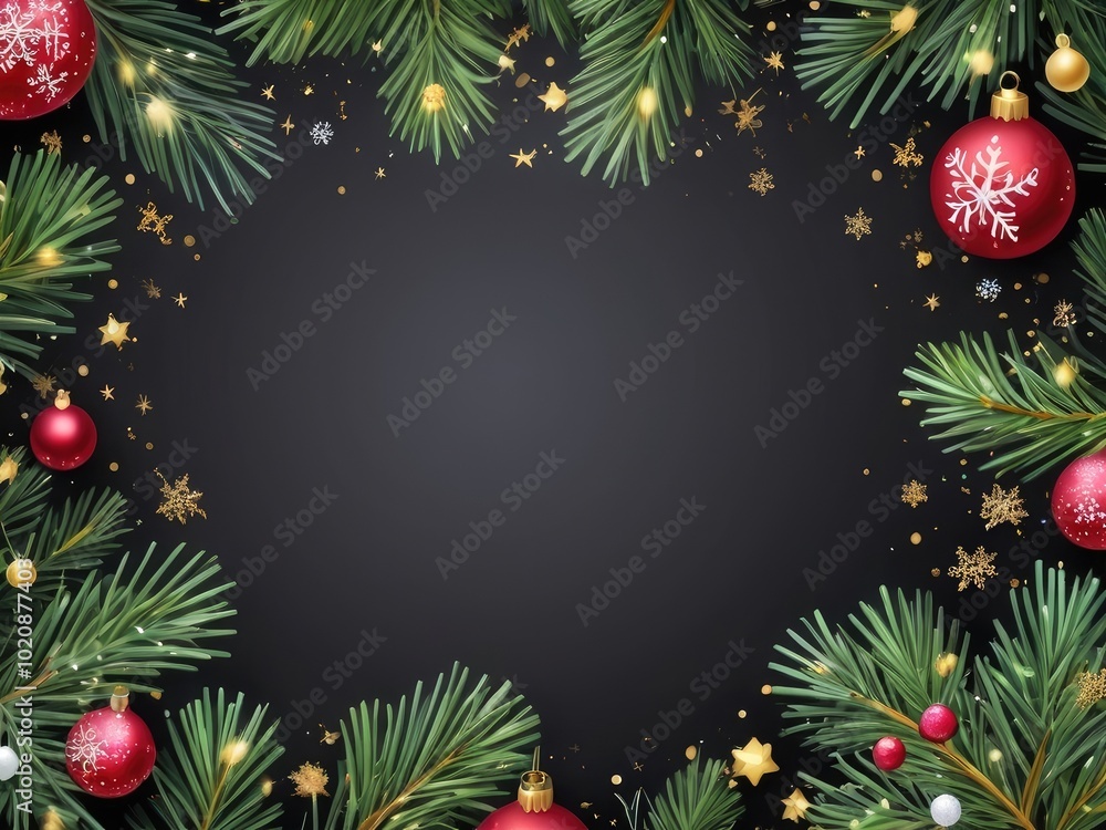 Christmas greeting card with and red color background Christmas no text Tree Decorations, Pine Branches, snowflake and confetti. Christmas greeting card with and red color background Christmas no text Tree Decorations, Pine Branches, snowflake and confetti.