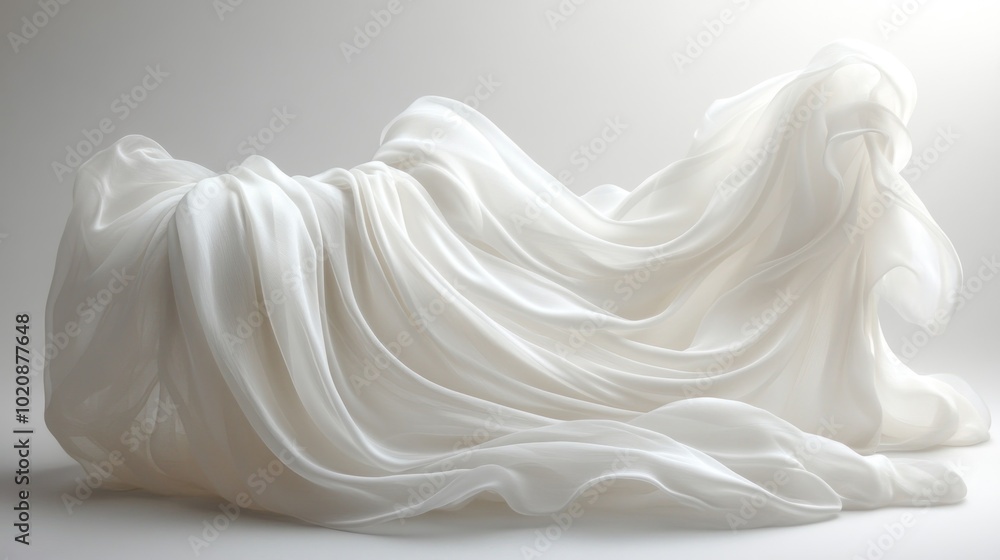 Flowing white fabric draped elegantly, creating a soft, serene look. Flowing white fabric draped elegantly, creating a soft, serene look.