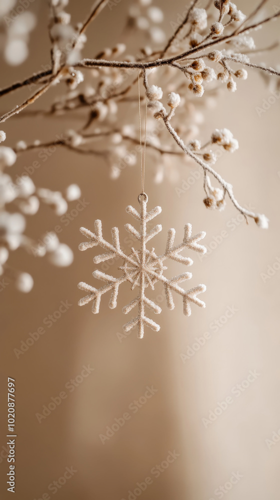 Naklejka premium Snowflake Ornament on Snow-Dusted Branch with Soft Background