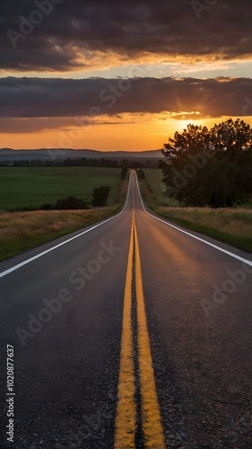 Road Empty Peaceful Street straight Highway route Sunset photo