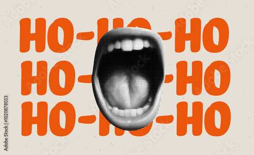 Trendy collage wallpaper featuring a happy mouth scream. Christmas card design with popart elements and a cool background.
