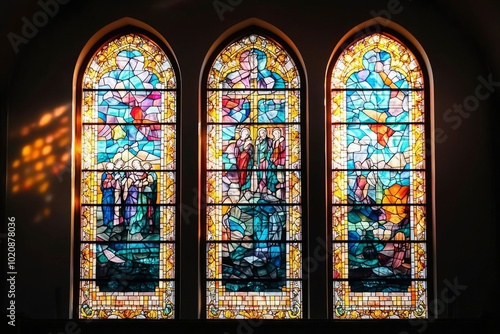 Three Stained Glass Windows Depicting Religious Scenes