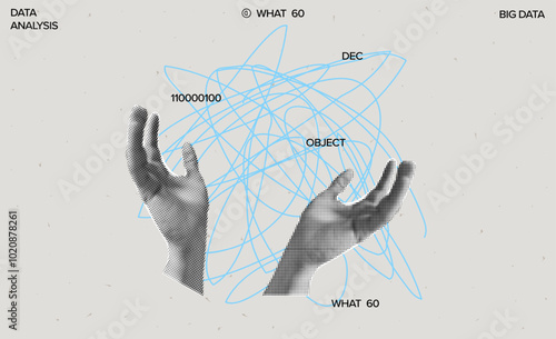 Trendy pop art collage with halftone patterns illustrating big data and finance. Hand-drawn money and digital graphs in vintage style.