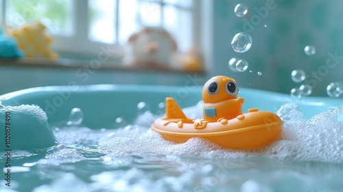 A playful orange toy submarine floats in bubbly water. photo