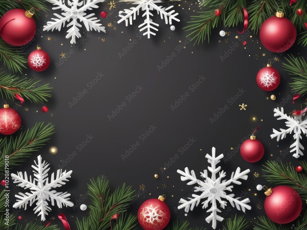 Christmas greeting card with and red color background Christmas no text Tree Decorations, Pine Branches, snowflake and confetti. Christmas greeting card with and red color background Christmas no text Tree Decorations, Pine Branches, snowflake and confetti.