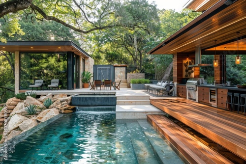 Wallpaper Mural Modern Wooden Deck with Outdoor Kitchen and Pool Overlooking Rocky Waterfall in Austin, Texas Backyard Torontodigital.ca