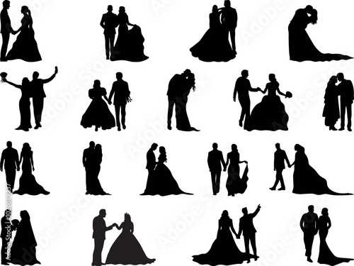 Set of 18 item wedding couple silhouette vector illustration