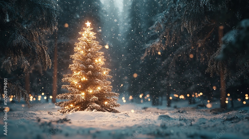 A festive scene of a Christmas fir tree in a sunlit winter forest, adorned with sparkling garland lights. A festive scene of a Christmas fir tree in a sunlit winter forest, adorned with sparkling garland lights.