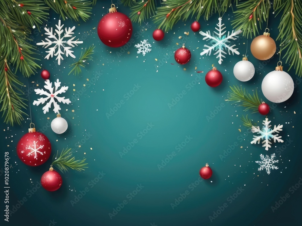 Christmas greeting card with and red color background Christmas no text Tree Decorations, Pine Branches, snowflake and confetti. Christmas greeting card with and red color background Christmas no text Tree Decorations, Pine Branches, snowflake and confetti.