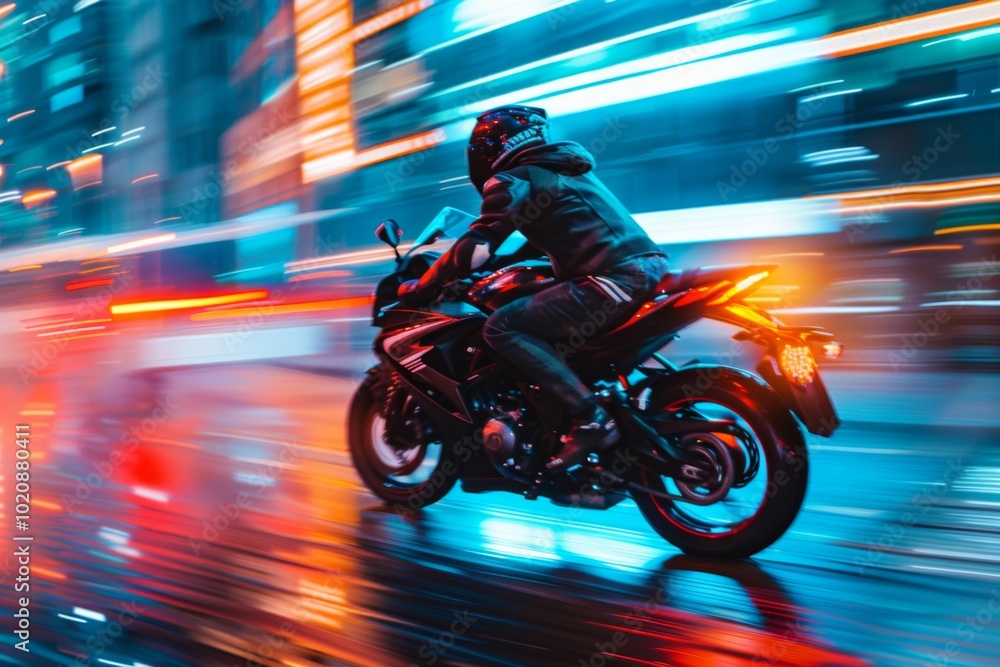 Fototapeta premium Motorcyclist in Motion with Blurred City Lights and Skyscrapers, Red Tail Light Illuminating the Scene, Energetic Nighttime Ride