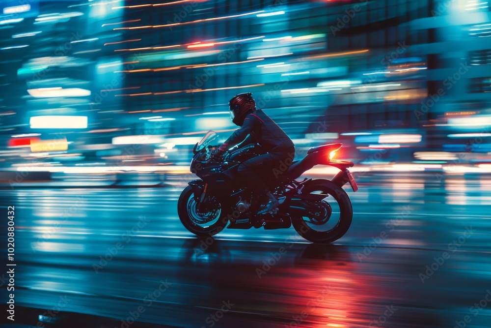 Fototapeta premium Motorcyclist in Motion with Blurred City Lights and Skyscrapers, Red Tail Light Illuminating the Scene, Energetic Nighttime Ride