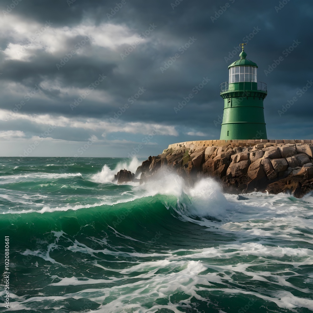 Obraz premium Green Lighthouse Tower Maritime Coast Coastline near the Ocean