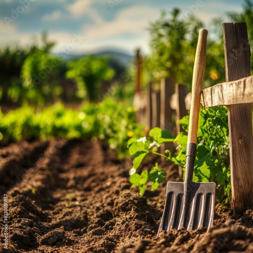 A close-up view of farming tools like a rake and a shovel resting against a wooden fence, with green crops in the background photo