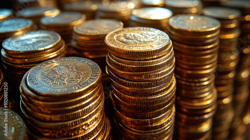 Stacks of Golden Coins Representing Wealth and Savings Perfect for Illustrating Financial Success and Economic Growth Concepts photo