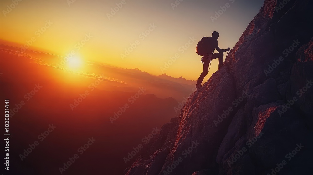 Fototapeta premium Silhouette of a Climber on a Mountain Peak at Sunrise