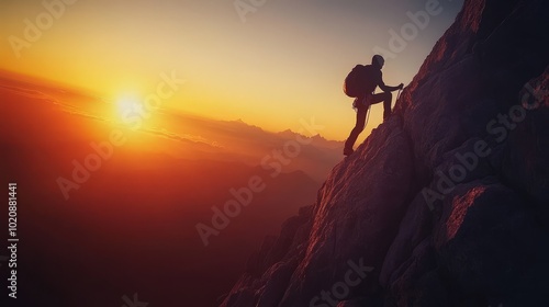 Silhouette of a Climber on a Mountain Peak at Sunrise