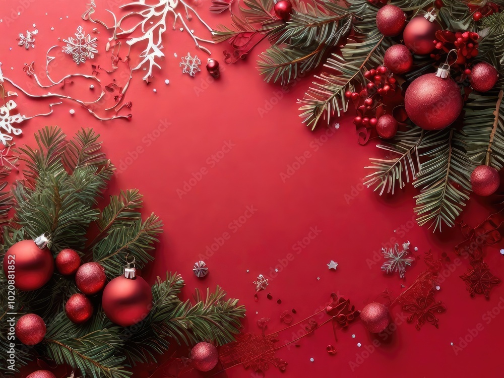 Christmas greeting card with and red color background Christmas no text Tree Decorations, Pine Branches, snowflake and confetti. Christmas greeting card with and red color background Christmas no text Tree Decorations, Pine Branches, snowflake and confetti.