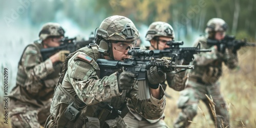 Army unit in uniform practicing tactical maneuvers