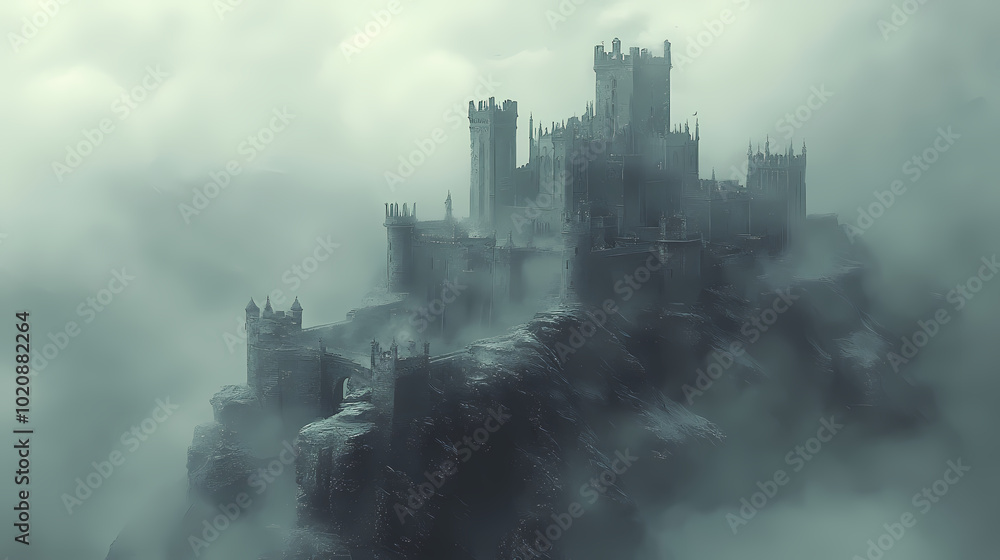 a castle with a fantasy view, cloudy and foggy a castle with a fantasy view, cloudy and foggy