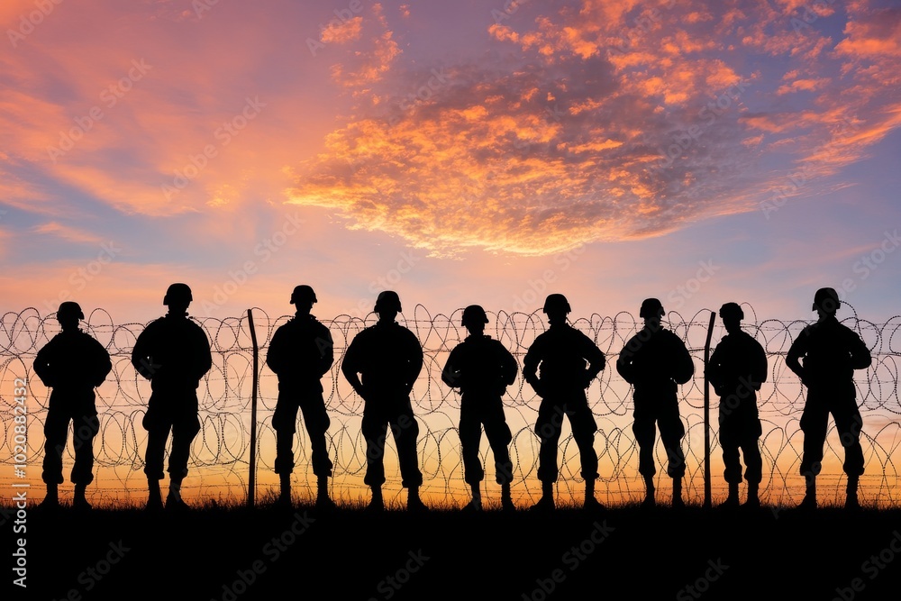 Silhouettes of Soldiers Standing in Front of a Barbed Wire Fence at Sunset Silhouettes of Soldiers Standing in Front of a Barbed Wire Fence at Sunset