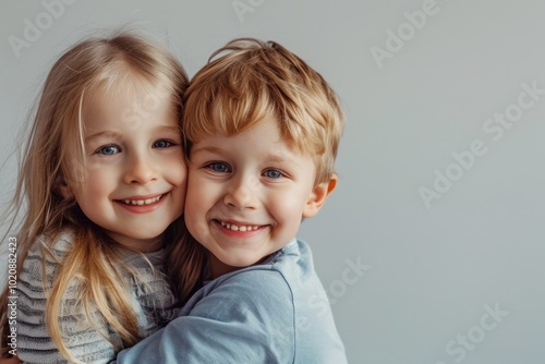 Portrait of a cute little boy and girl embracing each other on gray background