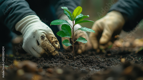 People Planting a Tree Together in Garden with Gloved Hands, Environmental Conservation, Nature Preservation, and Community Gardening Efforts, New Growth and Sustainability in Outdoor Setting photo