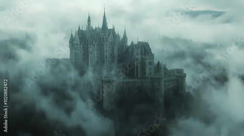 a castle with a fantasy view, cloudy and foggy