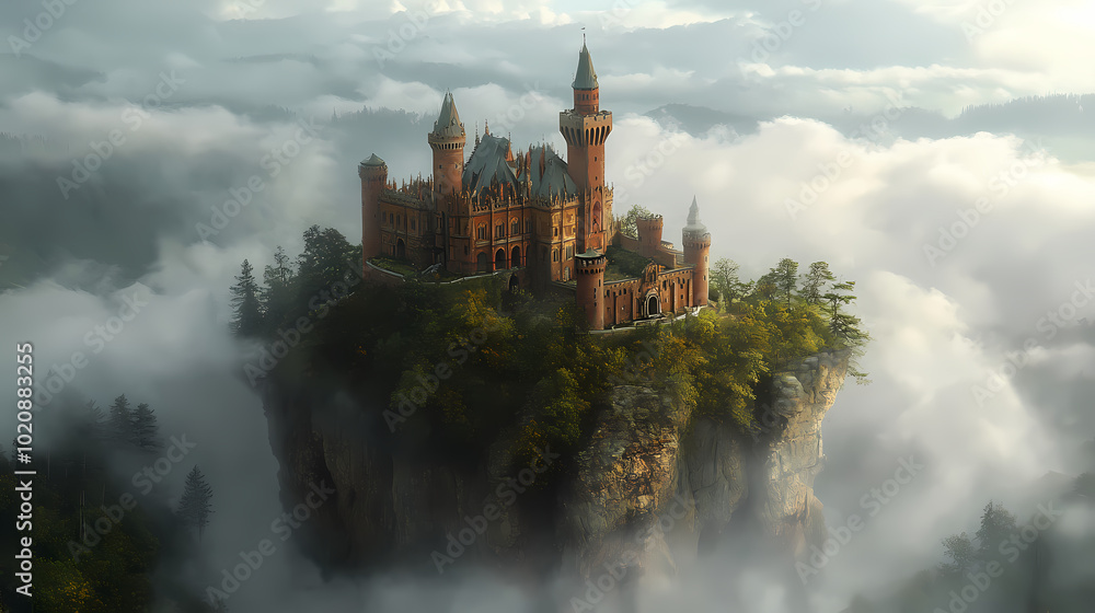 Fototapeta premium a castle with a fantasy view, cloudy and foggy