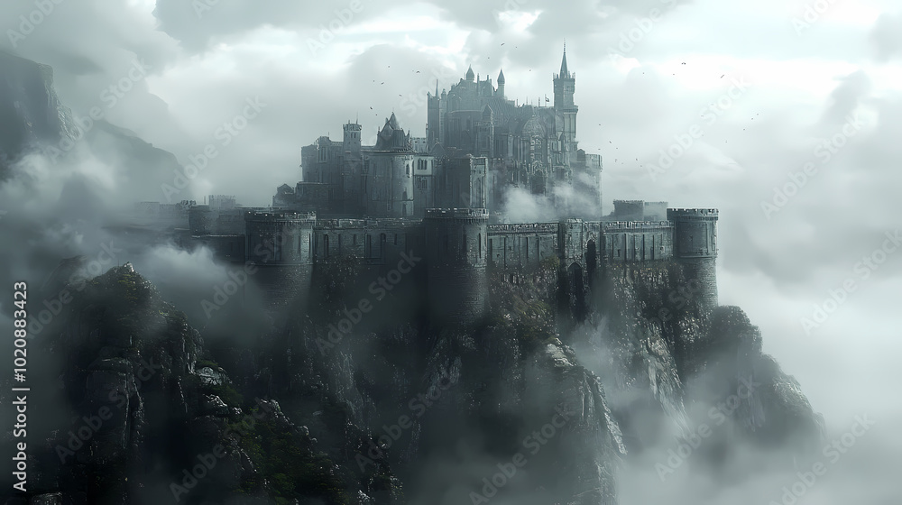 a castle with a fantasy view, cloudy and foggy a castle with a fantasy view, cloudy and foggy