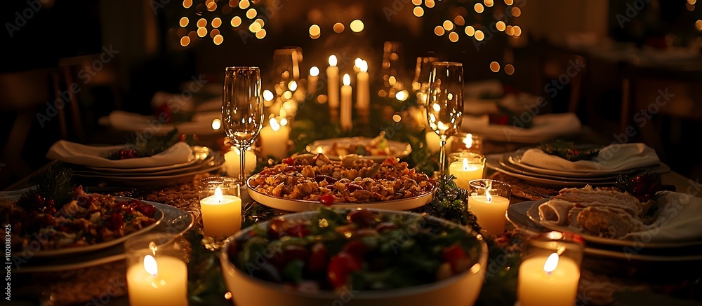 Festive Holiday Dinner Table Setup with Warm Candlelight Illuminating Gourmet Meal Festive Holiday Dinner Table Setup with Warm Candlelight Illuminating Gourmet Meal